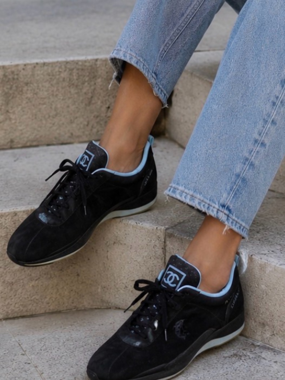 CHANEL Black Suede Low-Top Sneakers with Light Blue Trim size 7.5